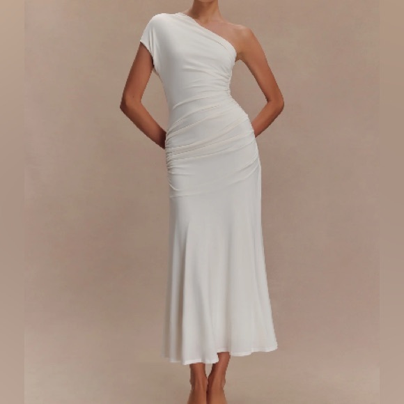 Meshki Dresses & Skirts - Meshki One-Shoulder White Ruched Midi Dress